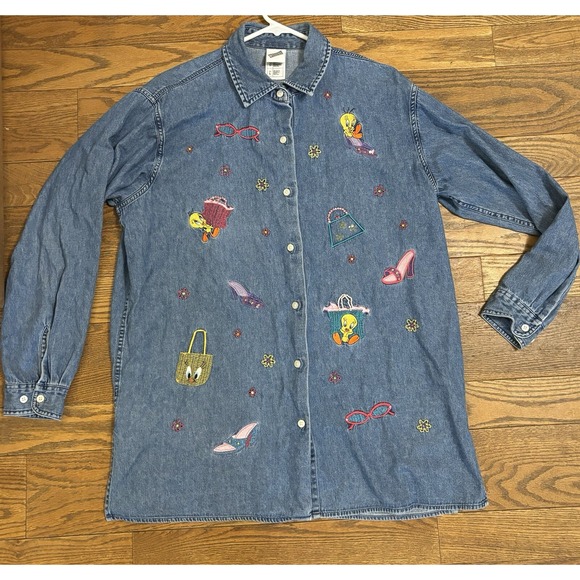 Warner‎ Bros Studio Store Tweety Bird Womens Large Embroidered Denim Shirt WB - Picture 1 of 12